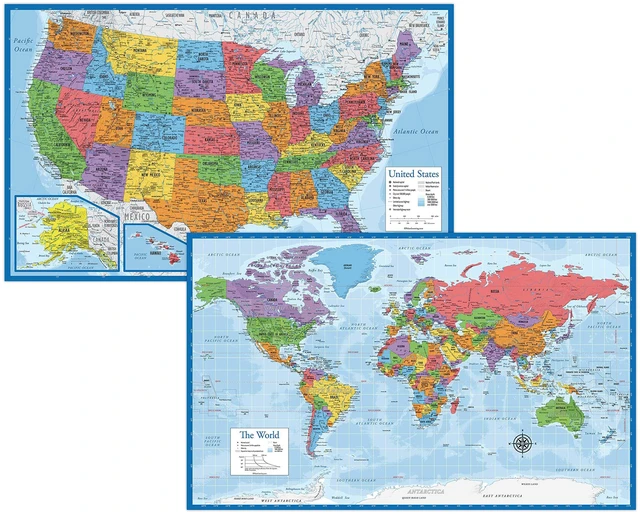 Main image of Laminated World Map & US Map Poster Set - 18" x 29" - Wall Chart Maps of the World & United States - Made in the USA - (LAMINATED, 18" x 29")