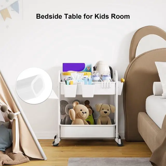 Alt view image 2 of 7 - 2 Tier Rolling Cart Metal with Wheels,White Under Desk Storage Roller Carts Two Tiered Short Shelf Trolley, Small Utility Organizer Caddy on Wheels for Dorm, Bathroom, Craft, Art, Baby, Pantry, Snack