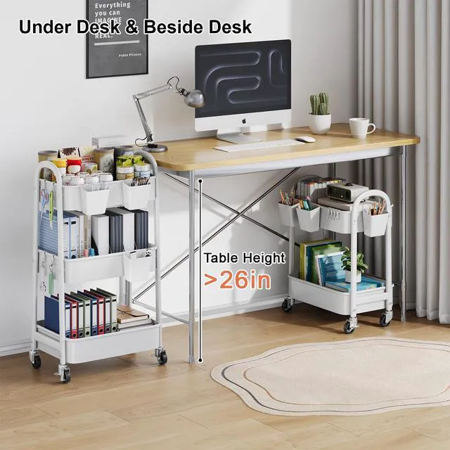 Alt view image 4 of 7 - 2 Tier Rolling Cart Metal with Wheels,White Under Desk Storage Roller Carts Two Tiered Short Shelf Trolley, Small Utility Organizer Caddy on Wheels for Dorm, Bathroom, Craft, Art, Baby, Pantry, Snack