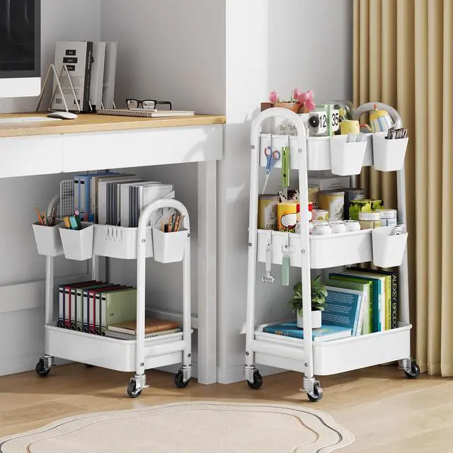 Alt view image 5 of 7 - 2 Tier Rolling Cart Metal with Wheels,White Under Desk Storage Roller Carts Two Tiered Short Shelf Trolley, Small Utility Organizer Caddy on Wheels for Dorm, Bathroom, Craft, Art, Baby, Pantry, Snack