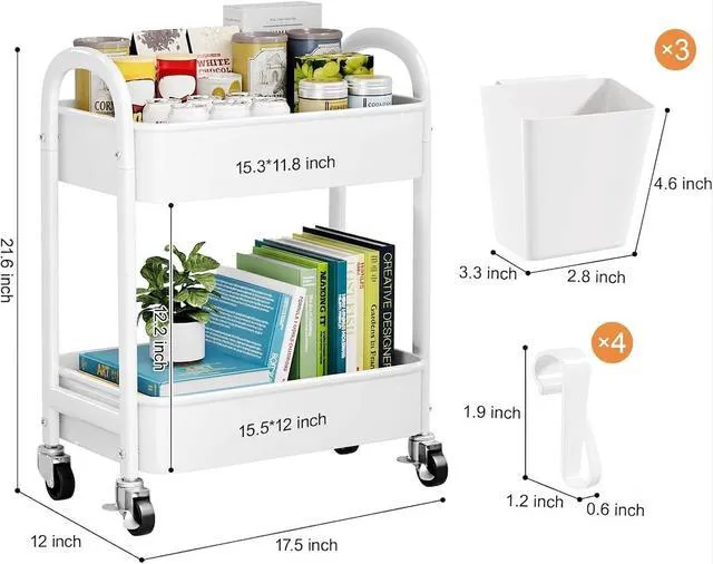 Alt view image 6 of 7 - 2 Tier Rolling Cart Metal with Wheels,White Under Desk Storage Roller Carts Two Tiered Short Shelf Trolley, Small Utility Organizer Caddy on Wheels for Dorm, Bathroom, Craft, Art, Baby, Pantry, Snack
