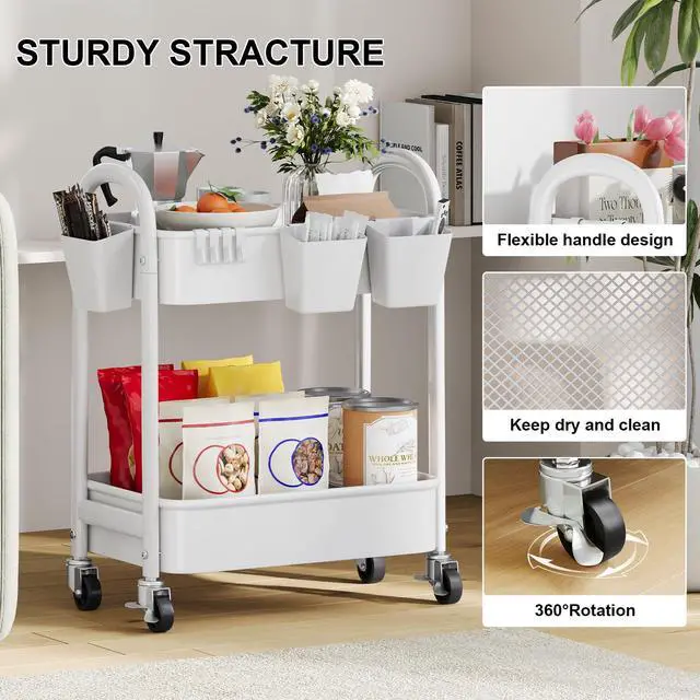 Alt view image 7 of 7 - 2 Tier Rolling Cart Metal with Wheels,White Under Desk Storage Roller Carts Two Tiered Short Shelf Trolley, Small Utility Organizer Caddy on Wheels for Dorm, Bathroom, Craft, Art, Baby, Pantry, Snack