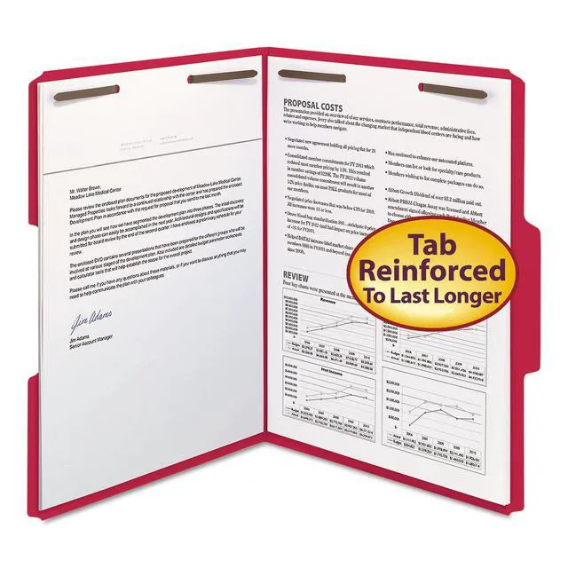 Alt view image 4 of 7 - Fastener Folders, 2 Fasteners, Letter Size, Red, 1/3 Cut Tabs in Left, Right, Center Positions, 50 per Box (22740), Specialty