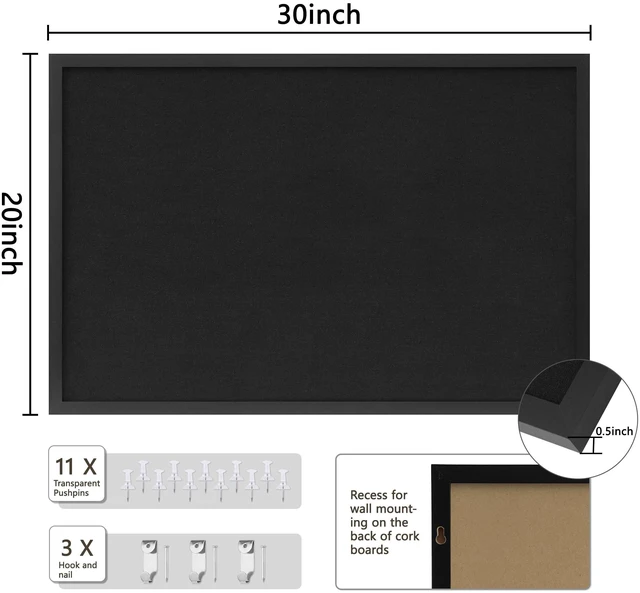 Alt view image 2 of 7 - Cork Board with Linen Black,Bulletin Board 30"x20" Corkboards for Office Home School Message Board or Vision Board Decoration