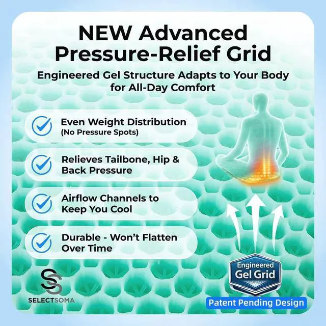 Alt view image 2 of 7 - Gel Seat Cushion for Sitting, Pressure Relief for Tailbone and Back (Green) Patent-pending open-grid gel spreads weight and stays cool. Medium-firm support, two washable covers