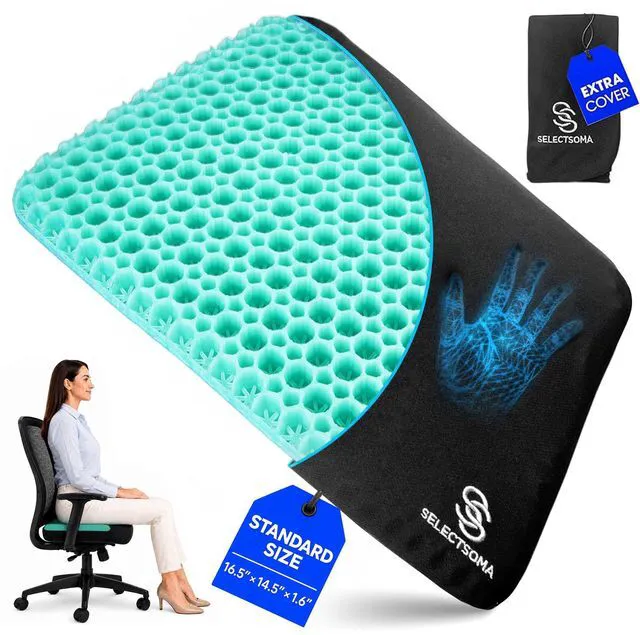 Main image of Gel Seat Cushion for Sitting, Pressure Relief for Tailbone and Back (Green) Patent-pending open-grid gel spreads weight and stays cool. Medium-firm support, two washable covers