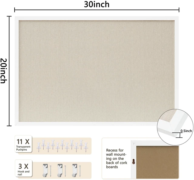 Alt view image 2 of 7 - Cork Board with Linen White,Bulletin Board 30"x20" Hanging Corkboards for Office Home School Message Board or Vision Board Decoration