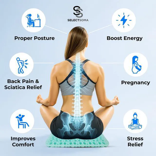 Alt view image 6 of 7 - Gel Seat Cushion for Sitting, Pressure Relief for Tailbone and Back (Green) Patent-pending open-grid gel spreads weight and stays cool. Medium-firm support, two washable covers