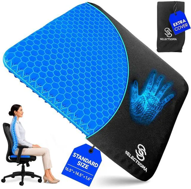 Main image of Gel Seat Cushion for Long Sitting, Pressure Relief for Tailbone and Back Double-thick cooling honeycomb gel eases tailbone and back pressure. Two washable covers, non-slip base