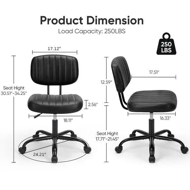 Alt view image 2 of 7 - Home Office Chair, Ergonomic Computer Desk Chair, Lumbar Support Armless Height Adjustable, PU Leather, 360 Swivel Wheels, Small Space, Adults, New Black