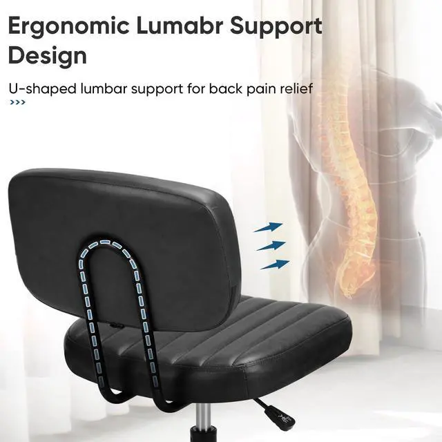 Alt view image 3 of 7 - Home Office Chair, Ergonomic Computer Desk Chair, Lumbar Support Armless Height Adjustable, PU Leather, 360 Swivel Wheels, Small Space, Adults, New Black