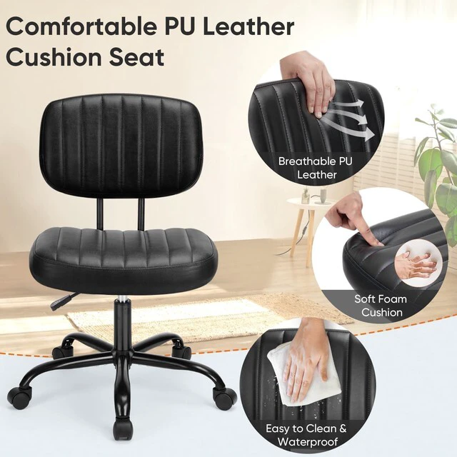Alt view image 4 of 7 - Home Office Chair, Ergonomic Computer Desk Chair, Lumbar Support Armless Height Adjustable, PU Leather, 360 Swivel Wheels, Small Space, Adults, New Black