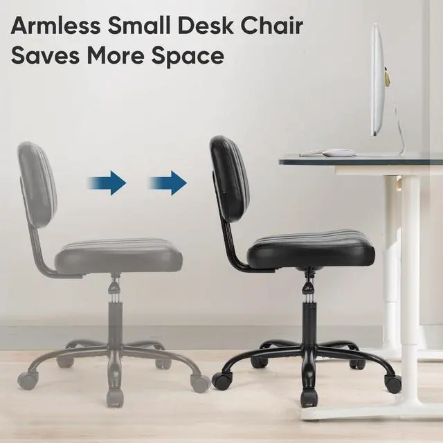 Alt view image 5 of 7 - Home Office Chair, Ergonomic Computer Desk Chair, Lumbar Support Armless Height Adjustable, PU Leather, 360 Swivel Wheels, Small Space, Adults, New Black