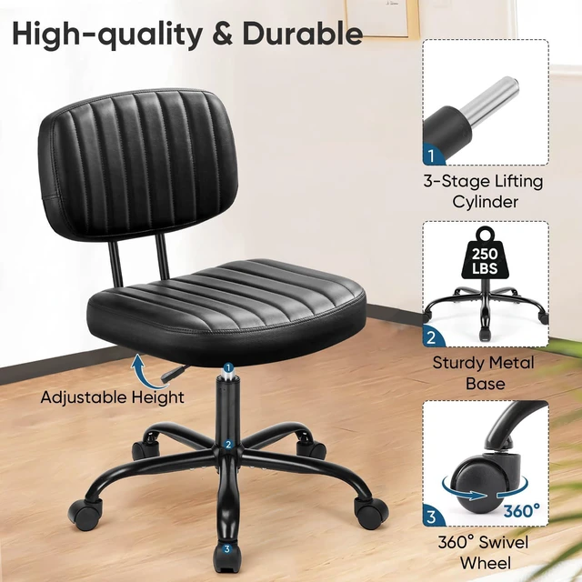 Alt view image 6 of 7 - Home Office Chair, Ergonomic Computer Desk Chair, Lumbar Support Armless Height Adjustable, PU Leather, 360 Swivel Wheels, Small Space, Adults, New Black