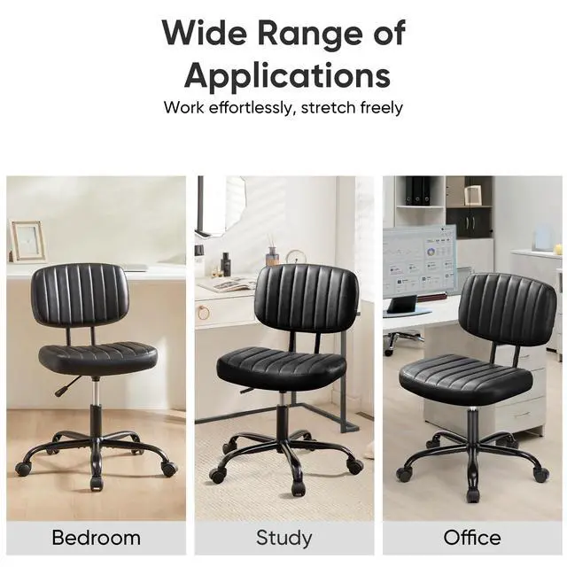 Alt view image 7 of 7 - Home Office Chair, Ergonomic Computer Desk Chair, Lumbar Support Armless Height Adjustable, PU Leather, 360 Swivel Wheels, Small Space, Adults, New Black