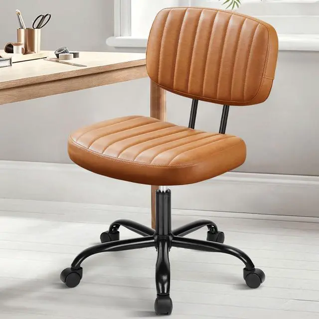 Main image of Small Desk Chair, Home Office Chair, Lumbar Support PU Leather, Low Back, 360 Swivel Wheels, Height Adjustable, Armless Computer Task, Brown