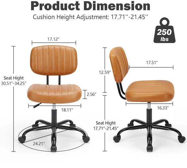 Alt view image 2 of 7 - Small Desk Chair, Home Office Chair, Lumbar Support PU Leather, Low Back, 360 Swivel Wheels, Height Adjustable, Armless Computer Task, Brown