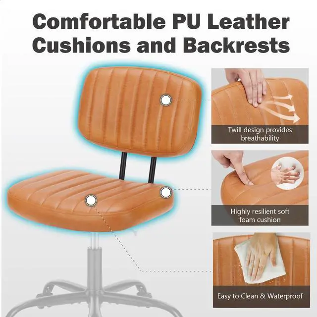 Alt view image 4 of 7 - Small Desk Chair, Home Office Chair, Lumbar Support PU Leather, Low Back, 360 Swivel Wheels, Height Adjustable, Armless Computer Task, Brown