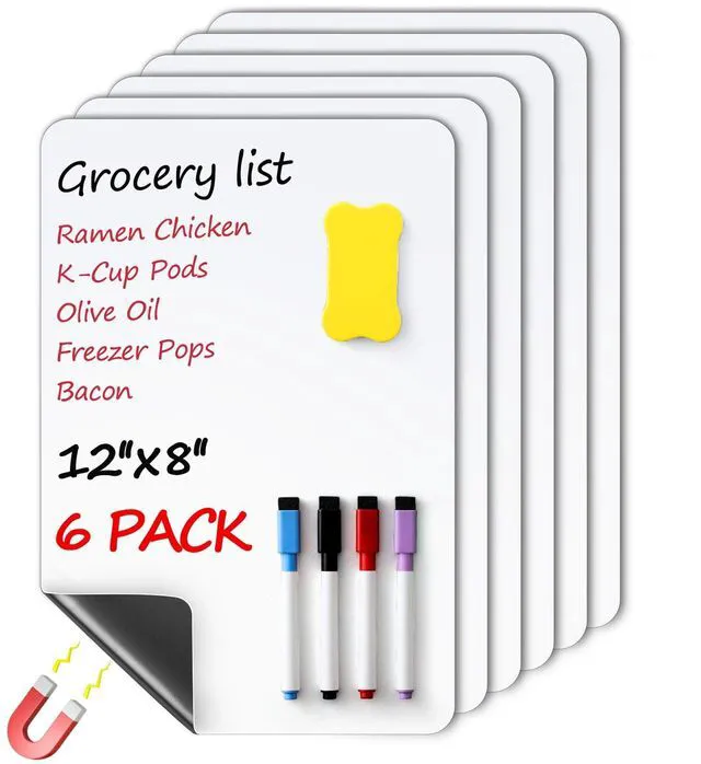Main image of 6 Pack Magnetic Dry Erase Board Sheet for Fridge, 12"x8" Erasable Refrigerator WhiteBoard w/ 4 Markers & 1 Eraser- Smooth and Flexible Small Magnet Blank Notepad for Home Kitchen Organizer and Planner