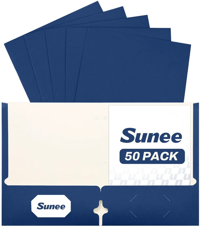 Main image of Two Pocket Folders, 50 Pack File Folders with Business Card Slot, Textured Paper, Fit Letter Size Paper, Paper File Folder for School Office Home Business, Navy Blue
