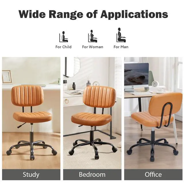 Alt view image 6 of 7 - Small Desk Chair, Home Office Chair, Lumbar Support PU Leather, Low Back, 360 Swivel Wheels, Height Adjustable, Armless Computer Task, Brown