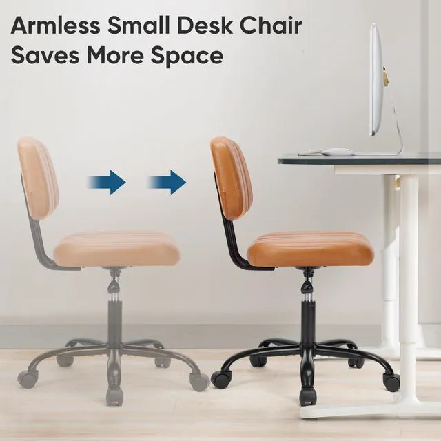 Alt view image 7 of 7 - Small Desk Chair, Home Office Chair, Lumbar Support PU Leather, Low Back, 360 Swivel Wheels, Height Adjustable, Armless Computer Task, Brown