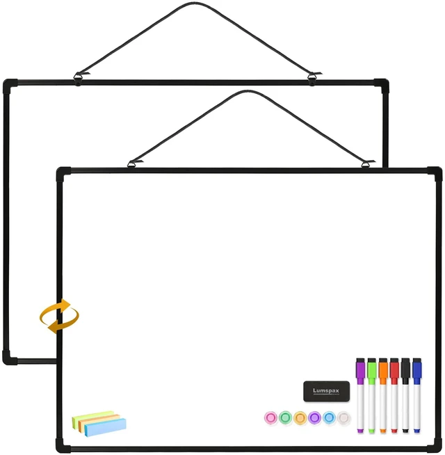 Main image of Dry Erase Board for Wall, 24" x 18" Double-Sided Hanging Magnetic Whiteboard with 6 Markers, 6 Magnets and 3 Mini Sticky Notes, Presentation Board for School, Home, Office, Black Frame