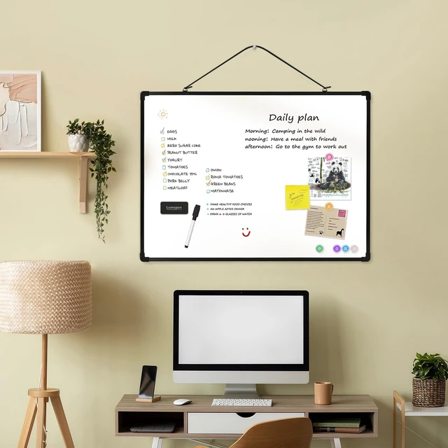 Alt view image 2 of 7 - Dry Erase Board for Wall, 24" x 18" Double-Sided Hanging Magnetic Whiteboard with 6 Markers, 6 Magnets and 3 Mini Sticky Notes, Presentation Board for School, Home, Office, Black Frame