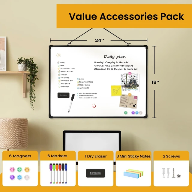 Alt view image 3 of 7 - Dry Erase Board for Wall, 24" x 18" Double-Sided Hanging Magnetic Whiteboard with 6 Markers, 6 Magnets and 3 Mini Sticky Notes, Presentation Board for School, Home, Office, Black Frame