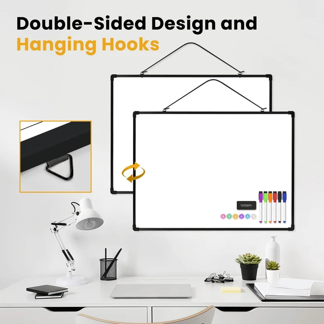 Alt view image 4 of 7 - Dry Erase Board for Wall, 24" x 18" Double-Sided Hanging Magnetic Whiteboard with 6 Markers, 6 Magnets and 3 Mini Sticky Notes, Presentation Board for School, Home, Office, Black Frame