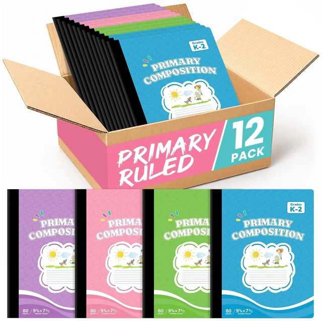 Main image of Primary Ruled Composition Notebook K-2, Cute Composition Notebook 12 Pack 9-3/4" x 7-1/2", 160 Pages (80 Sheets), Pastel Primary Composistion Notebook Perfect for School Office Supplies