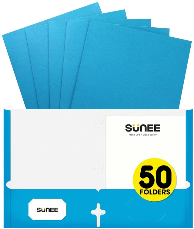 Main image of Folders with Pockets 3 Hole Punched(50 Pack, Blue), 2 Pocket Folders Fit Letter Size Paper, Paper File Folder for School Office Home Bussiness