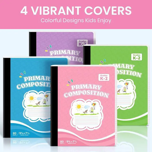 Alt view image 4 of 7 - Primary Ruled Composition Notebook K-2, Cute Composition Notebook 4 Pack 9-3/4" x 7-1/2", 160 Pages (80 Sheets), Pastel Primary Composistion Notebook Perfect for School Office Supplies