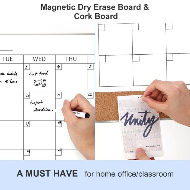 Alt view image 2 of 7 - Dry Erase Calendar with Cork Board for Wall 24"x 18" Magnetic Calendar Whiteboard with Silver Frame, Monthly Combination Board for School, Home, Office
