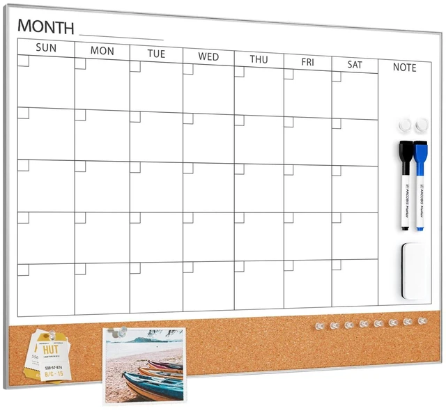 Main image of Dry Erase Calendar with Cork Board for Wall 24"x 18" Magnetic Calendar Whiteboard with Silver Frame, Monthly Combination Board for School, Home, Office