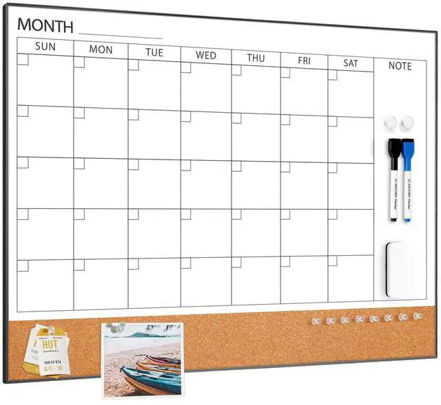 Main image of Dry Erase Calendar with Cork Board for Wall 24"x18" Magnetic Calendar Whiteboard with Black Frame, Monthly Combination Board for School, Home, Office