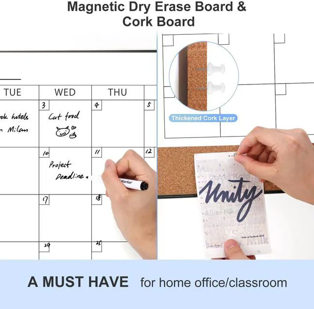 Alt view image 2 of 7 - Dry Erase Calendar with Cork Board for Wall 24"x18" Magnetic Calendar Whiteboard with Black Frame, Monthly Combination Board for School, Home, Office