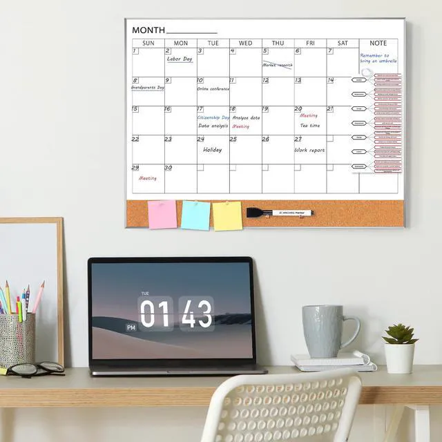 Alt view image 5 of 7 - Dry Erase Calendar with Cork Board for Wall 24"x 18" Magnetic Calendar Whiteboard with Silver Frame, Monthly Combination Board for School, Home, Office