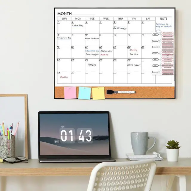 Alt view image 6 of 7 - Dry Erase Calendar with Cork Board for Wall 24"x18" Magnetic Calendar Whiteboard with Black Frame, Monthly Combination Board for School, Home, Office