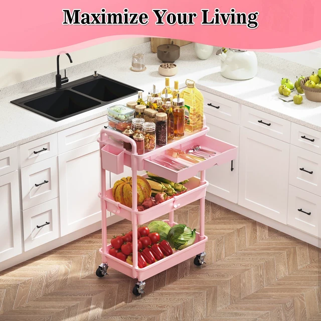 Alt view image 6 of 7 - 3 Tier Rolling Cart with Drawer, Craft Storage Cart Organizer, Pink Bathroom Storage Organizer with 2 Lockable Wheels, Rolling Utility Cart for Kitchen, Office, Baby, Makeup, Nail,Snack,Laundry
