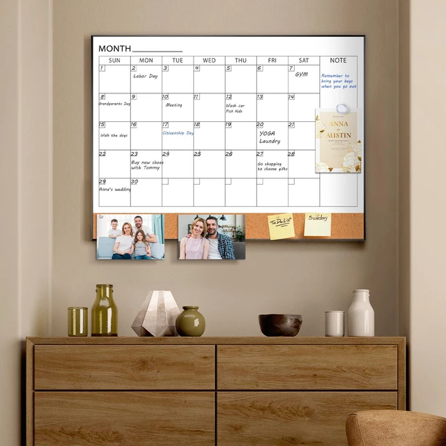 Alt view image 7 of 7 - Dry Erase Calendar with Cork Board for Wall 24"x18" Magnetic Calendar Whiteboard with Black Frame, Monthly Combination Board for School, Home, Office