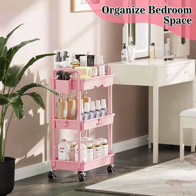 Alt view image 7 of 7 - 3 Tier Rolling Cart with Drawer, Craft Storage Cart Organizer, Pink Bathroom Storage Organizer with 2 Lockable Wheels, Rolling Utility Cart for Kitchen, Office, Baby, Makeup, Nail,Snack,Laundry