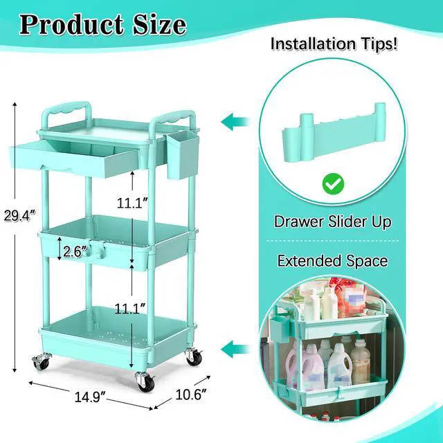 Alt view image 2 of 7 - 3 Tier Rolling Cart with Drawer, Craft Storage Cart Organizer, Blue Bathroom Storage Organizer with 2 Lockable Wheels, Rolling Utility Cart for Kitchen, Office, Baby, Makeup, Nail,Snack,Laundry