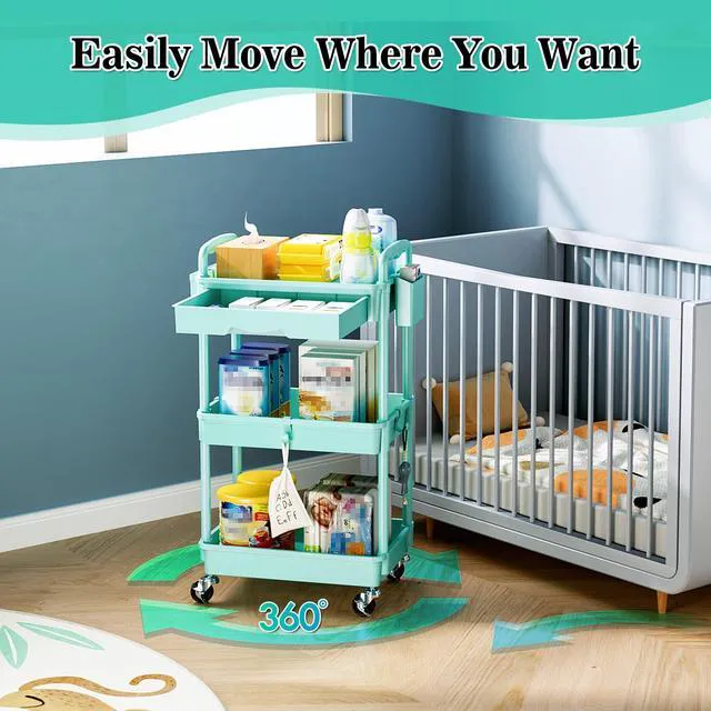 Alt view image 4 of 7 - 3 Tier Rolling Cart with Drawer, Craft Storage Cart Organizer, Blue Bathroom Storage Organizer with 2 Lockable Wheels, Rolling Utility Cart for Kitchen, Office, Baby, Makeup, Nail,Snack,Laundry
