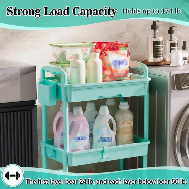 Alt view image 5 of 7 - 3 Tier Rolling Cart with Drawer, Craft Storage Cart Organizer, Blue Bathroom Storage Organizer with 2 Lockable Wheels, Rolling Utility Cart for Kitchen, Office, Baby, Makeup, Nail,Snack,Laundry