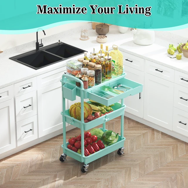 Alt view image 6 of 7 - 3 Tier Rolling Cart with Drawer, Craft Storage Cart Organizer, Blue Bathroom Storage Organizer with 2 Lockable Wheels, Rolling Utility Cart for Kitchen, Office, Baby, Makeup, Nail,Snack,Laundry
