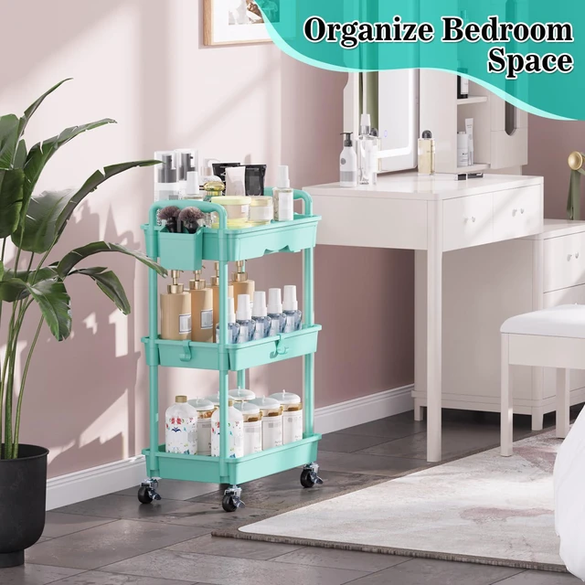 Alt view image 7 of 7 - 3 Tier Rolling Cart with Drawer, Craft Storage Cart Organizer, Blue Bathroom Storage Organizer with 2 Lockable Wheels, Rolling Utility Cart for Kitchen, Office, Baby, Makeup, Nail,Snack,Laundry
