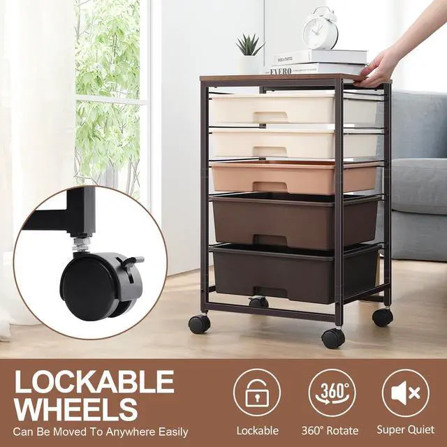 Alt view image 6 of 7 - Rolling Cart with Drawers, 5 Drawers Utility Cart, Dark Brown 5-Tiers Storage Cart with Drawers with Lockable Wheels for Craft Organizers and Storage,Home Office,Classroom,Dorm,Playroom