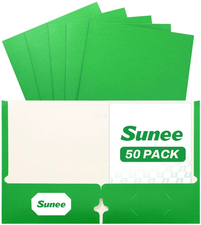Main image of Folders with Pockets 3 Hole Punched(50 Pack, Green), 2 Pocket Folders Fit Letter Size Paper, Paper File Folder for School Office Home Business