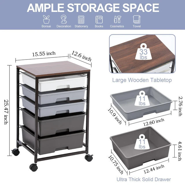 Alt view image 3 of 7 - Utility Cart with Drawers,5 Drawers Storage Cart,Dark Grey 5-Tiers Storage Cart with Drawers with Lockable Wheels for Craft Organizers and Storage,Home Office,Classroom,Dorm,Playroom